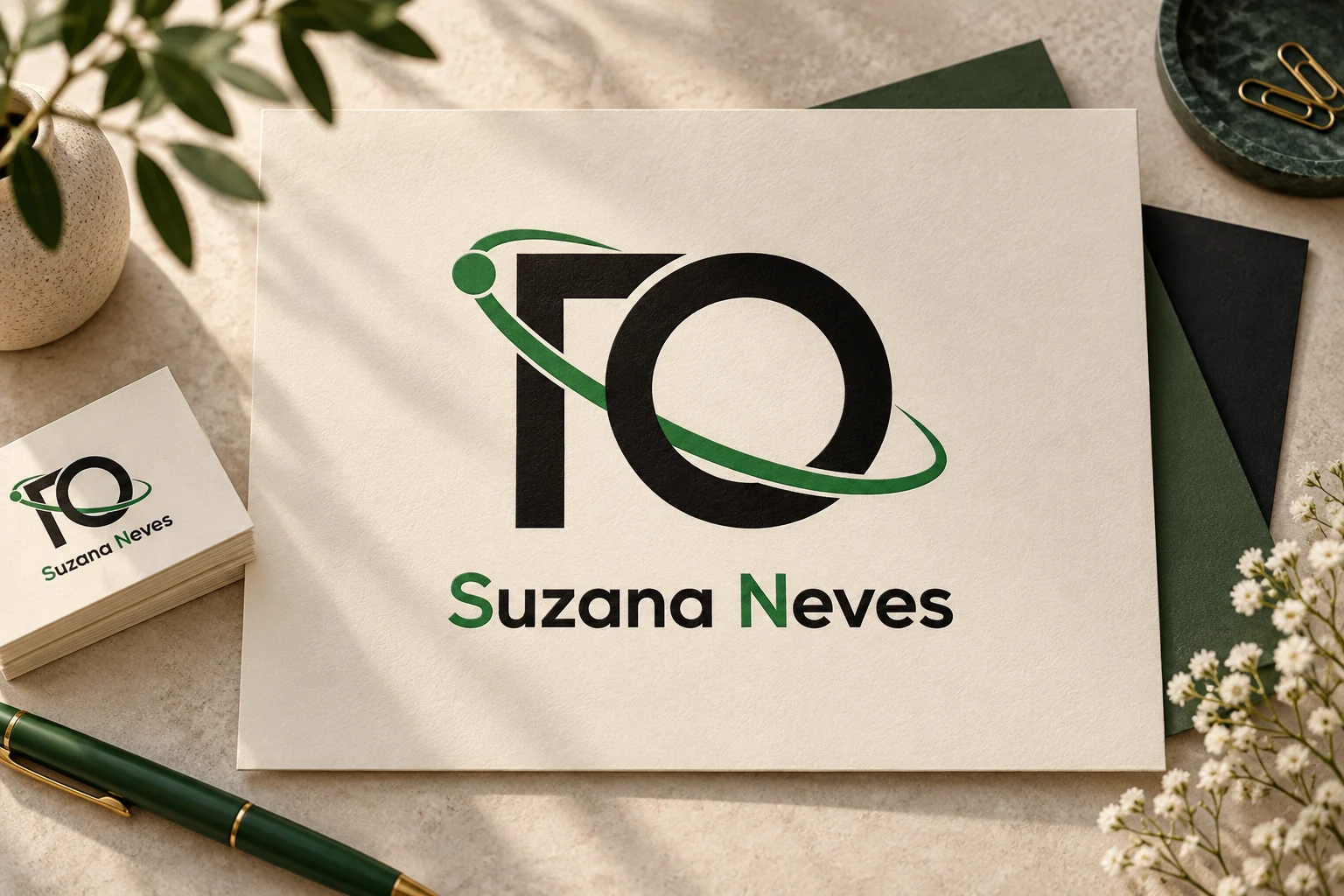 Apresentação do logótipo FQ Suzana Neves, preto e verde sobre papel claro