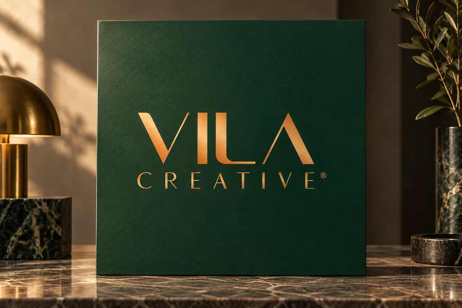 Apresentação da identidade VILA Creative numa peça verde profundo com logótipo dourado