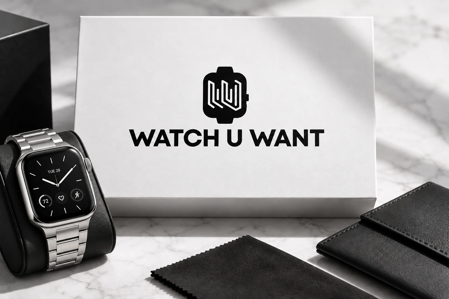 Apresentação da identidade Watch U Want com embalagem e smartwatch